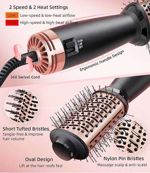Travel Dual Voltage Hair Dryer Brush, Small Hot Air Brush for European Travel, Compact 2 Inch One Step Blowout and Volumizer Hair Blow Dryer with Oval Design, Rose Gold - Image 6