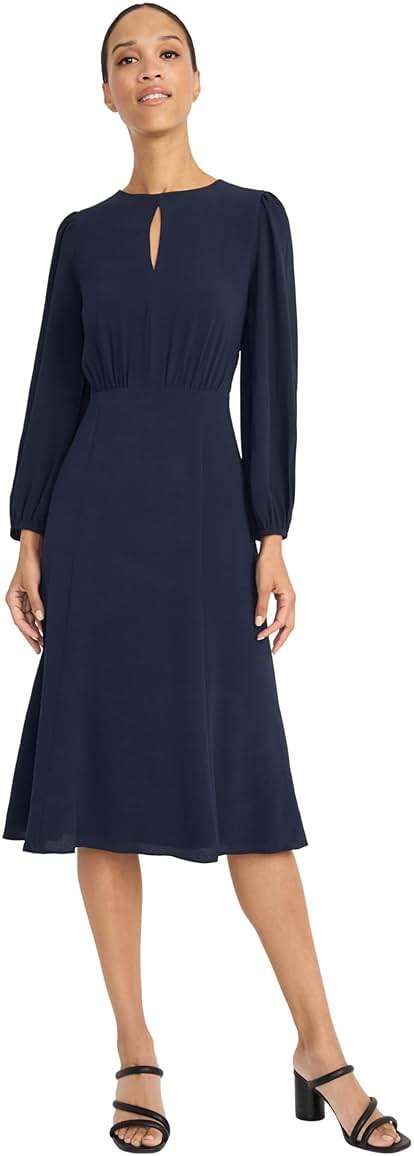 Maggy London Women's Women's Long Sleeve Keyhole Neck A-line Midi Dress with Bishop Sleeves - Fitted Waist - Wedding Guest Dress - Image 1