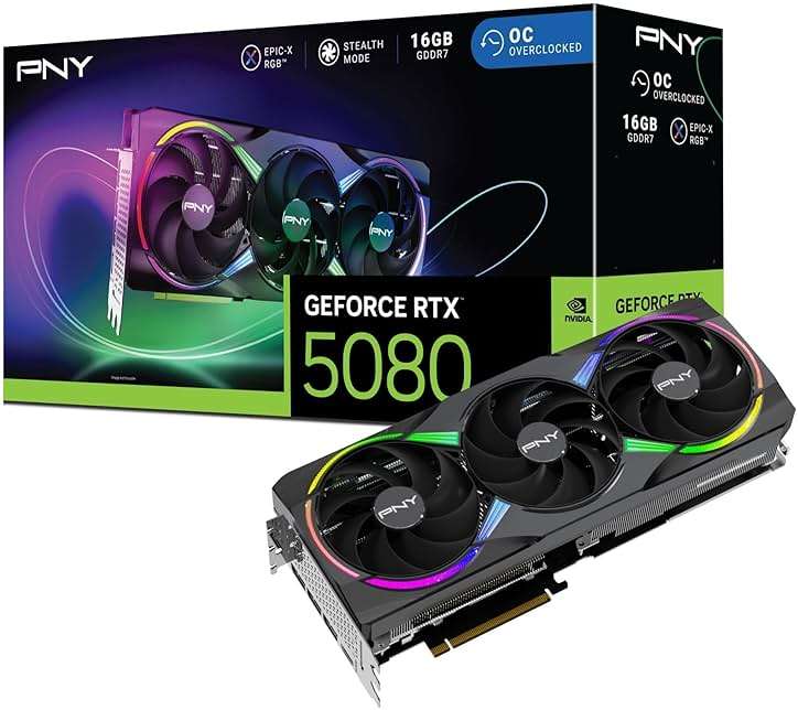 PNY NVIDIA GeForce RTX™ 5080 Epic-X™ ARGB OC Triple Fan, Graphics Card (16GB GDDR7, 256-bit, Boost Speed: 2775 MHz, PCIe® 5.0, HDMI®/DP 2.1, 2.99-Slot, NVIDIA Blackwell Architecture, DLSS 4) - Image 1