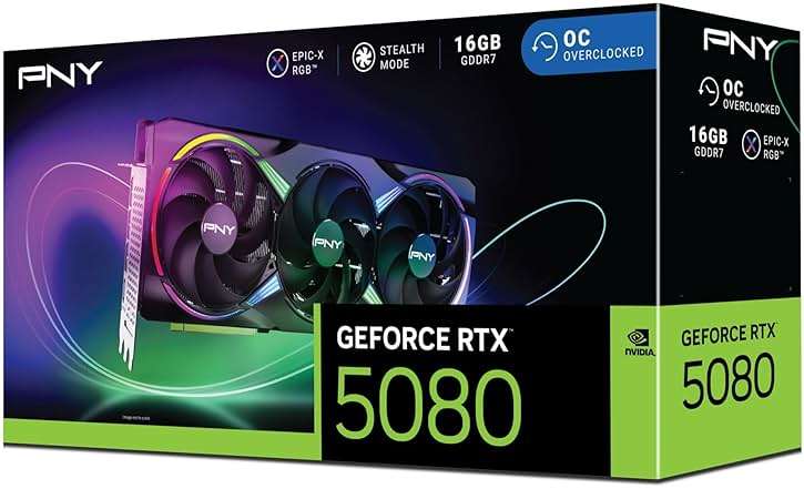 PNY NVIDIA GeForce RTX™ 5080 Epic-X™ ARGB OC Triple Fan, Graphics Card (16GB GDDR7, 256-bit, Boost Speed: 2775 MHz, PCIe® 5.0, HDMI®/DP 2.1, 2.99-Slot, NVIDIA Blackwell Architecture, DLSS 4) - Image 15
