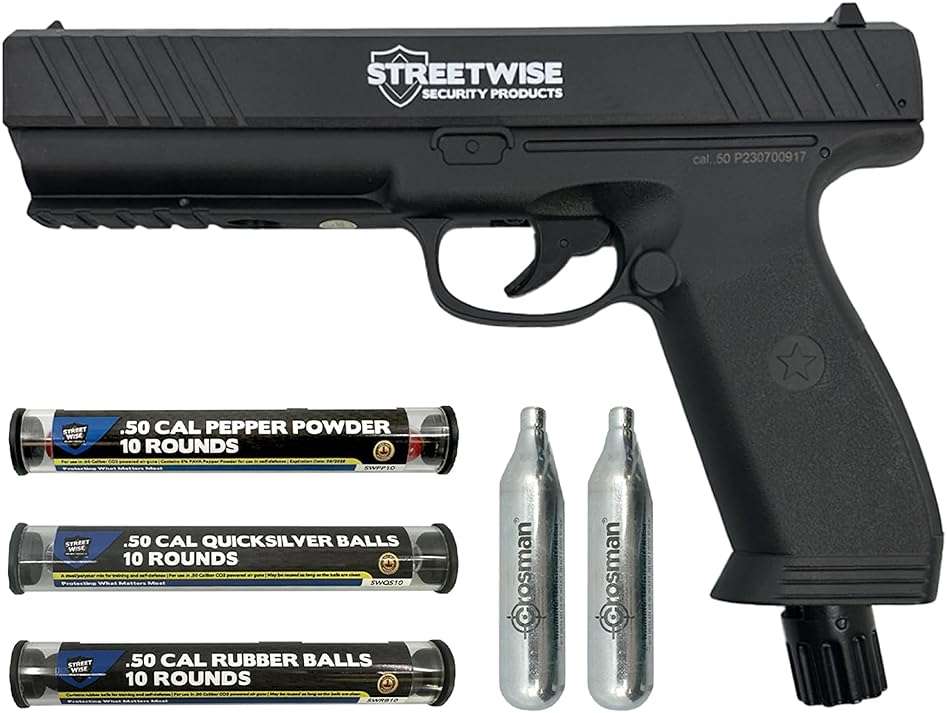Streetwise Heat Self Defense Pepper Launcher - .50 Cal CO2 Powered Semi-Automatic 6-Round Launcher, Picatinny Rail, 450 FPS, 60 Ft Range, Includes Pepper Irritant Rubber Metal Rounds - Image 1