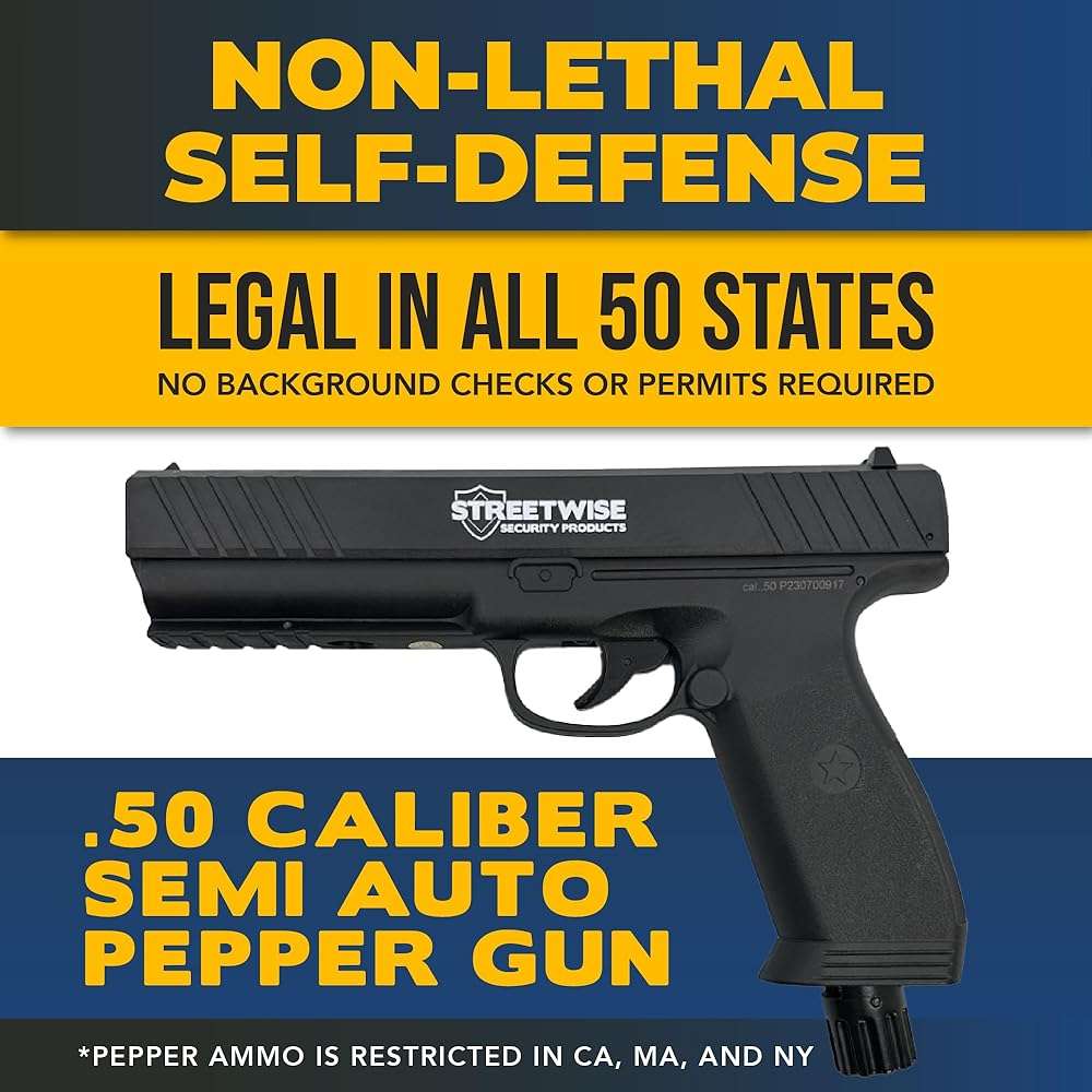Streetwise Heat Self Defense Pepper Launcher - .50 Cal CO2 Powered Semi-Automatic 6-Round Launcher, Picatinny Rail, 450 FPS, 60 Ft Range, Includes Pepper Irritant Rubber Metal Rounds - Image 2