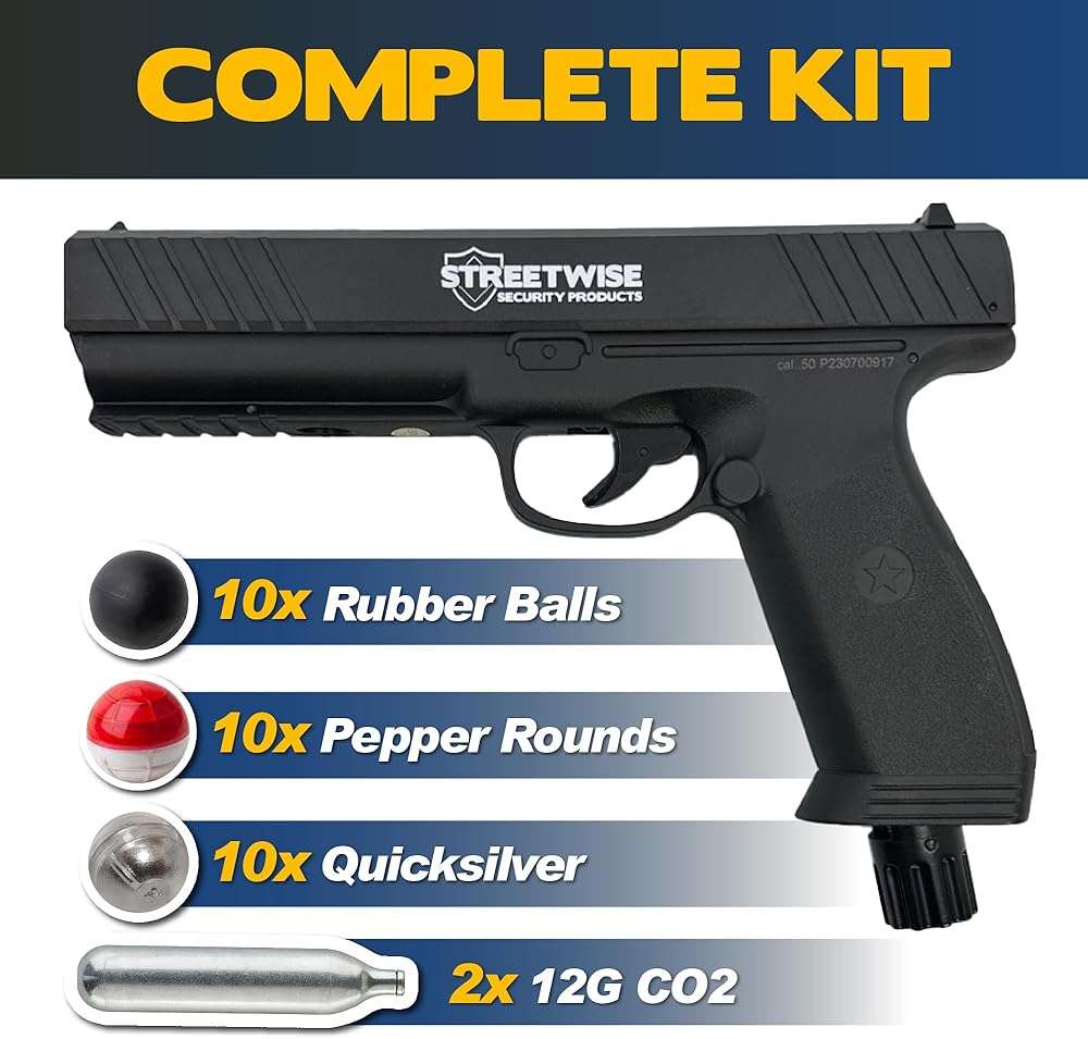 Streetwise Heat Self Defense Pepper Launcher - .50 Cal CO2 Powered Semi-Automatic 6-Round Launcher, Picatinny Rail, 450 FPS, 60 Ft Range, Includes Pepper Irritant Rubber Metal Rounds - Image 3