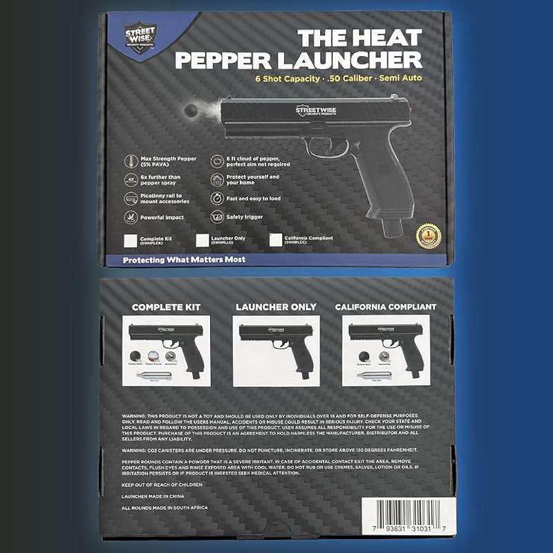 Streetwise Heat Self Defense Pepper Launcher - .50 Cal CO2 Powered Semi-Automatic 6-Round Launcher, Picatinny Rail, 450 FPS, 60 Ft Range, Includes Pepper Irritant Rubber Metal Rounds - Image 9