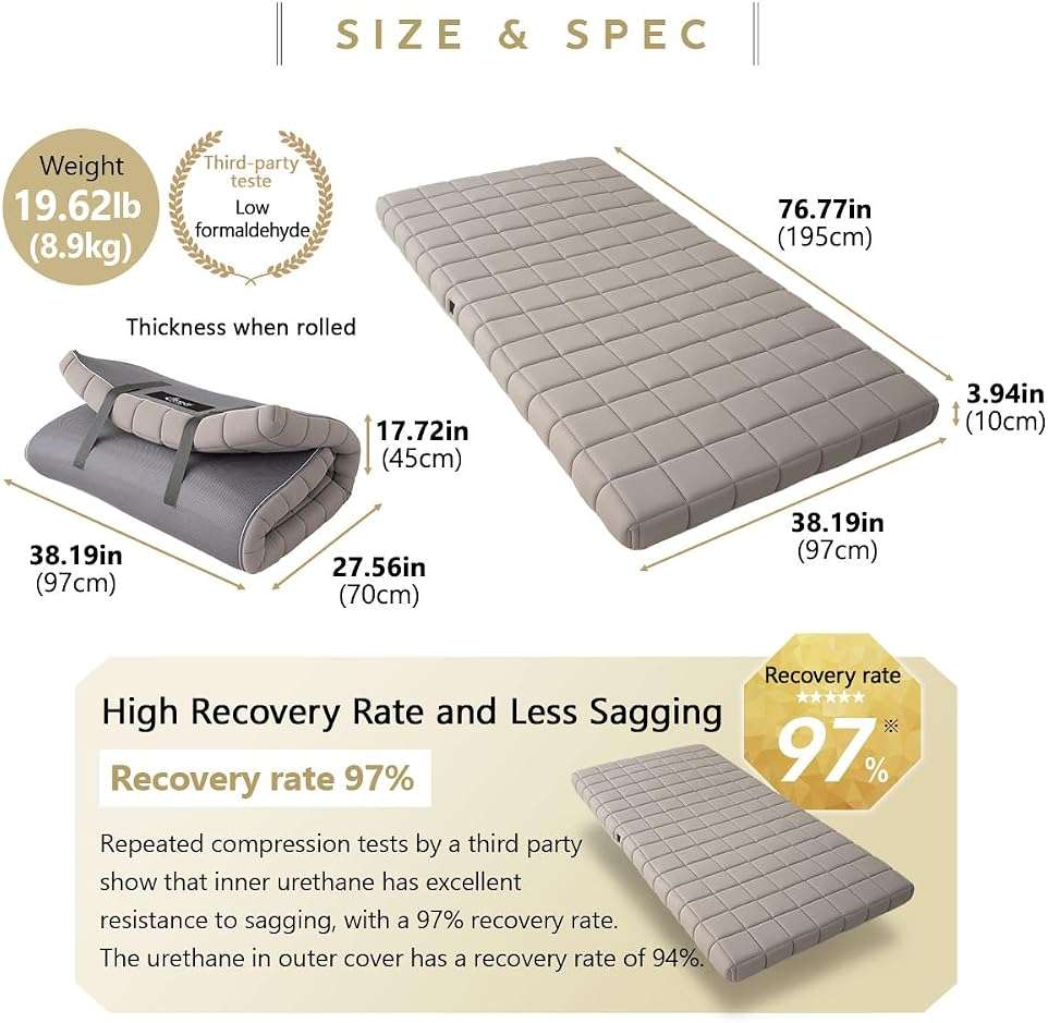 EMOOR Japanese 3-Layered Urethane Futon Mattress Dora Twin Gray, Rollable Storable Portable Floor Sleeping Guest Bed Tatami Mat - Image 2