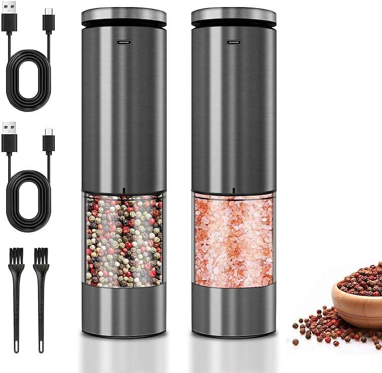 XWXO Electric Salt and Pepper Grinder Set Stainless Steel Salt and Pepper Mill Led Light Automatic One Handed Operation Rechargeable Adjustable Shakers Ceramic Rator 2 Pack Black Stainless Steel - Image 1