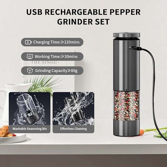 XWXO Electric Salt and Pepper Grinder Set Stainless Steel Salt and Pepper Mill Led Light Automatic One Handed Operation Rechargeable Adjustable Shakers Ceramic Rator 2 Pack Black Stainless Steel - Image 2