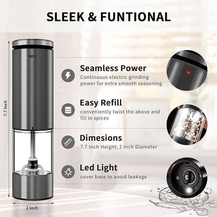 XWXO Electric Salt and Pepper Grinder Set Stainless Steel Salt and Pepper Mill Led Light Automatic One Handed Operation Rechargeable Adjustable Shakers Ceramic Rator 2 Pack Black Stainless Steel - Image 3