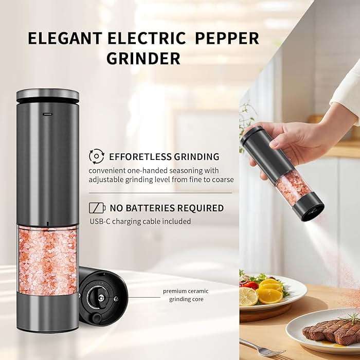 XWXO Electric Salt and Pepper Grinder Set Stainless Steel Salt and Pepper Mill Led Light Automatic One Handed Operation Rechargeable Adjustable Shakers Ceramic Rator 2 Pack Black Stainless Steel - Image 4