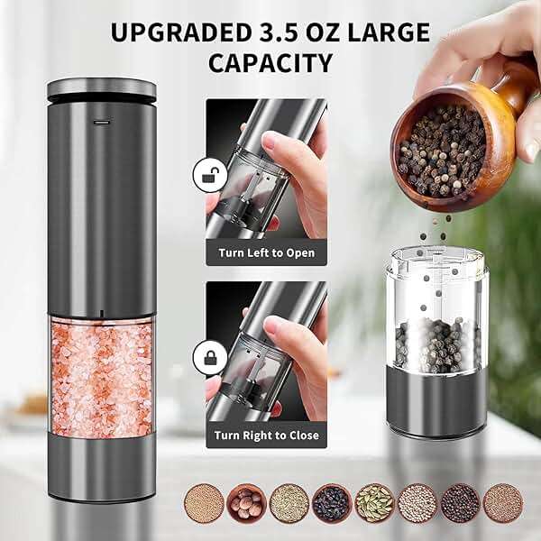 XWXO Electric Salt and Pepper Grinder Set Stainless Steel Salt and Pepper Mill Led Light Automatic One Handed Operation Rechargeable Adjustable Shakers Ceramic Rator 2 Pack Black Stainless Steel - Image 5