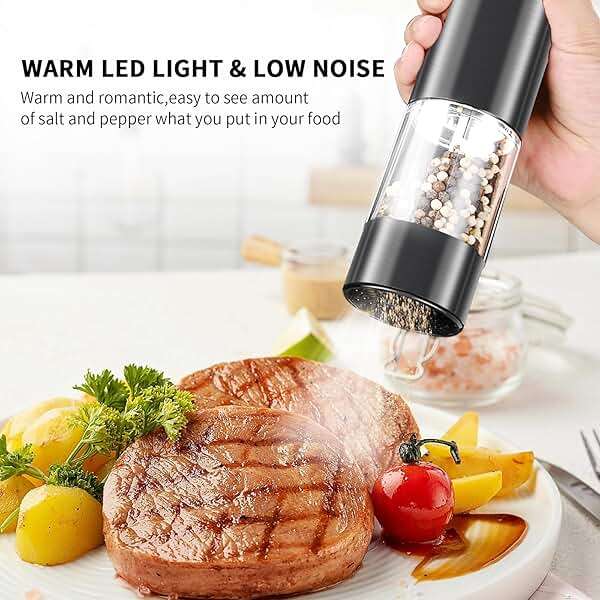 XWXO Electric Salt and Pepper Grinder Set Stainless Steel Salt and Pepper Mill Led Light Automatic One Handed Operation Rechargeable Adjustable Shakers Ceramic Rator 2 Pack Black Stainless Steel - Image 6