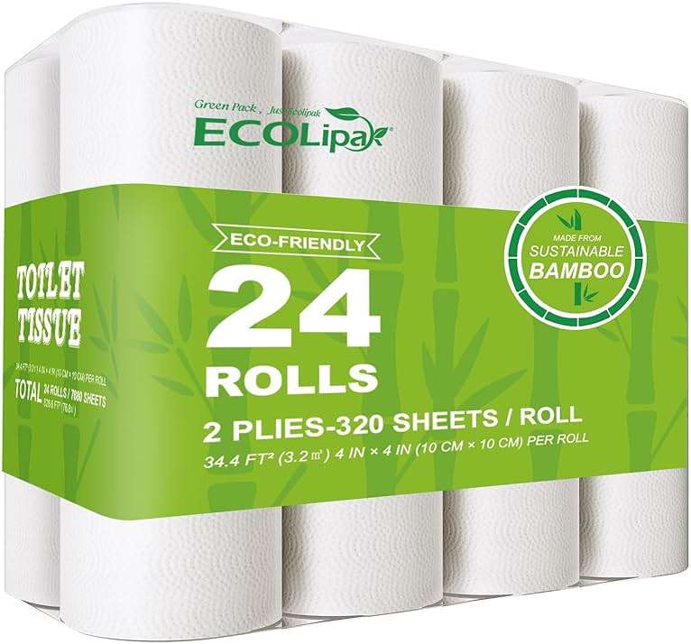 ECOLipak Bamboo Toilet Paper, Septic Safe Toilet Tissue, 24 Double Rolls, 320 Sheets Per Roll, Tree Free, Non Toxic, 2 Ply, Soft and Absorbent, Eco Friendly Dye-Free Paper - Image 1
