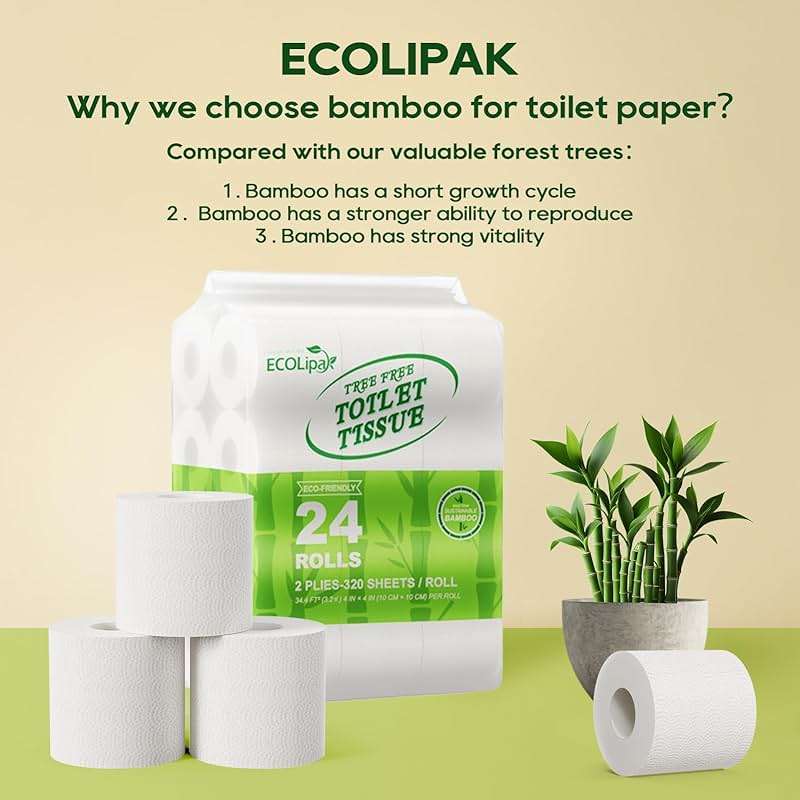ECOLipak Bamboo Toilet Paper, Septic Safe Toilet Tissue, 24 Double Rolls, 320 Sheets Per Roll, Tree Free, Non Toxic, 2 Ply, Soft and Absorbent, Eco Friendly Dye-Free Paper - Image 7