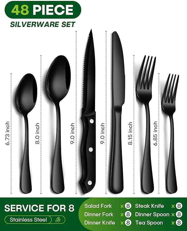 PHILIPALA Black Silverware Set, 48-Piece Flatware Set with Steak Knives for 8, Stainless Steel Mirror Cutlery Include Forks Spoons and Knives Set, Dishwasher Safe Utensils Set for Home Restaurant - Image 3