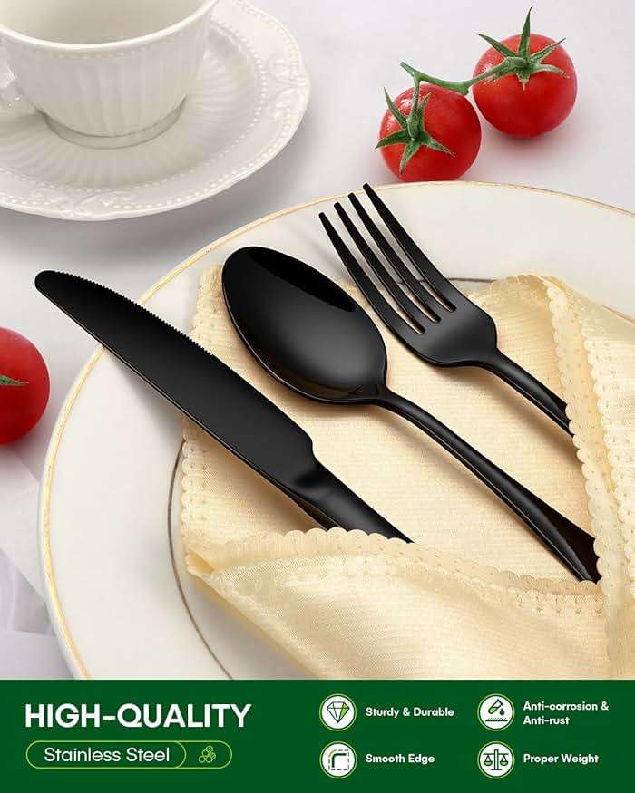 PHILIPALA Black Silverware Set, 48-Piece Flatware Set with Steak Knives for 8, Stainless Steel Mirror Cutlery Include Forks Spoons and Knives Set, Dishwasher Safe Utensils Set for Home Restaurant - Image 5
