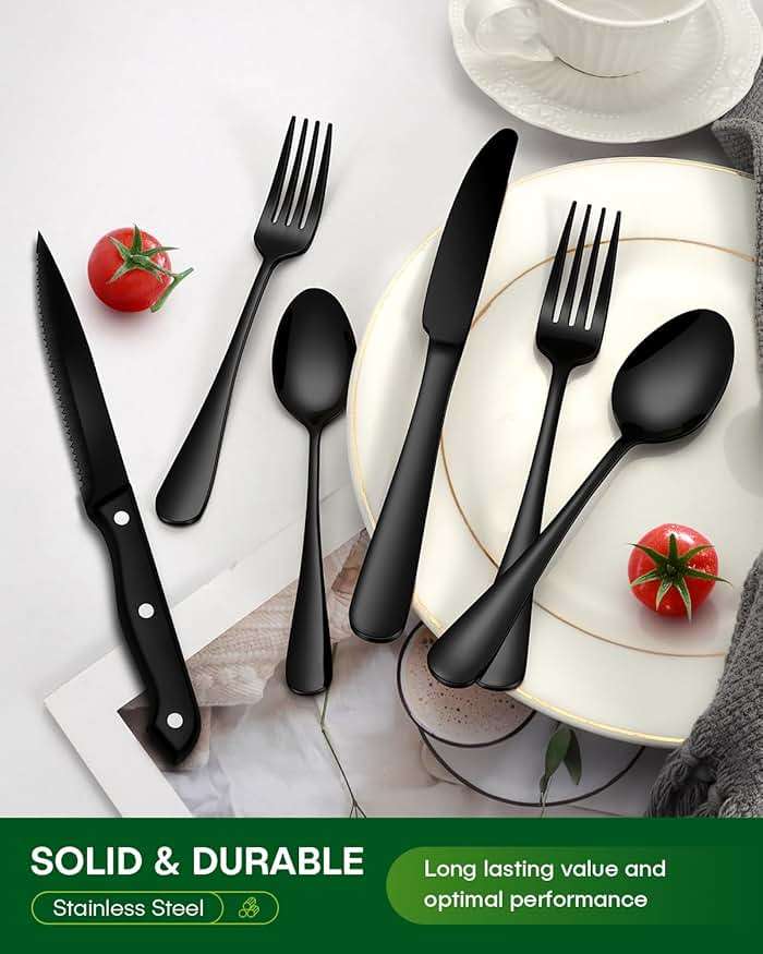 PHILIPALA Black Silverware Set, 48-Piece Flatware Set with Steak Knives for 8, Stainless Steel Mirror Cutlery Include Forks Spoons and Knives Set, Dishwasher Safe Utensils Set for Home Restaurant - Image 6