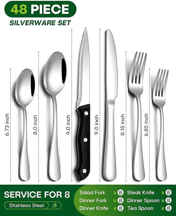PHILIPALA Silverware Set, 48-Piece Flatware Set with Steak Knives for 8, Stainless Steel Mirror Cutlery Include Forks Spoons and Knives Set, Dishwasher Safe Utensils Set for Home Restaurant - Image 3