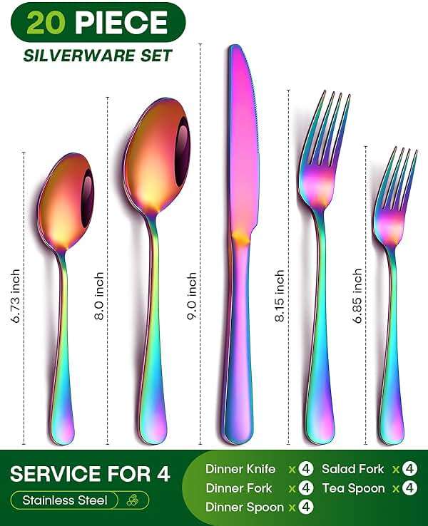 PHILIPALA 20 Piece Rainbow Silverware Set, Stainless Steel Flatware Set for 4 Colorful Cutlery Utensil Set Include Knife Fork Spoon Food Grade Mirror Polished Dishwasher Safe - Image 3
