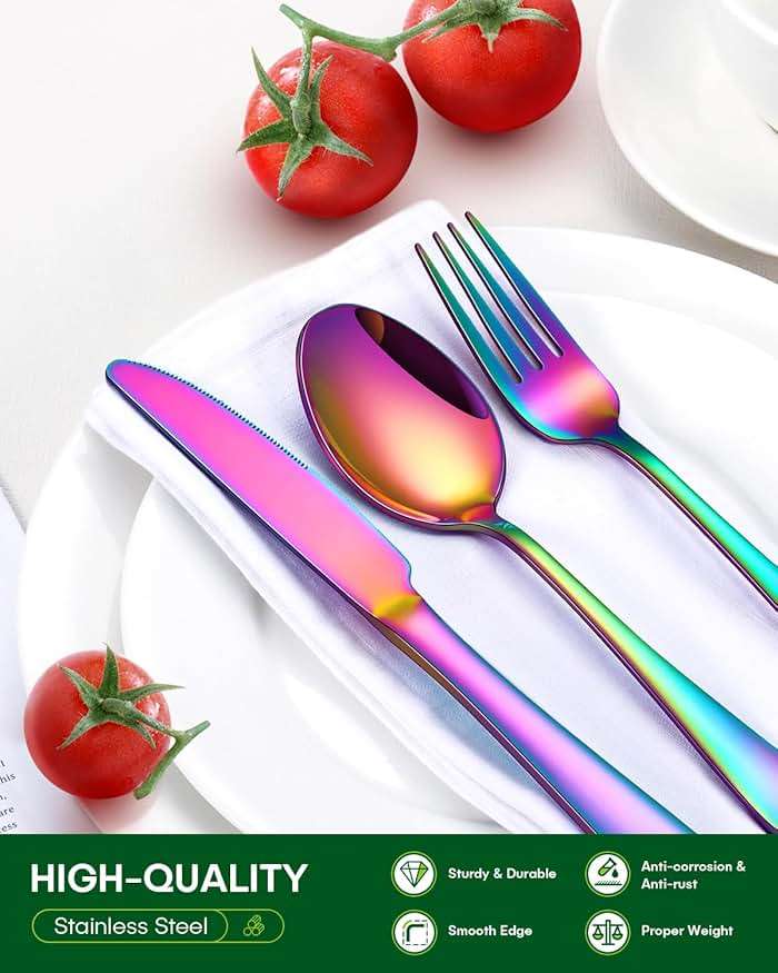 PHILIPALA 20 Piece Rainbow Silverware Set, Stainless Steel Flatware Set for 4 Colorful Cutlery Utensil Set Include Knife Fork Spoon Food Grade Mirror Polished Dishwasher Safe - Image 4
