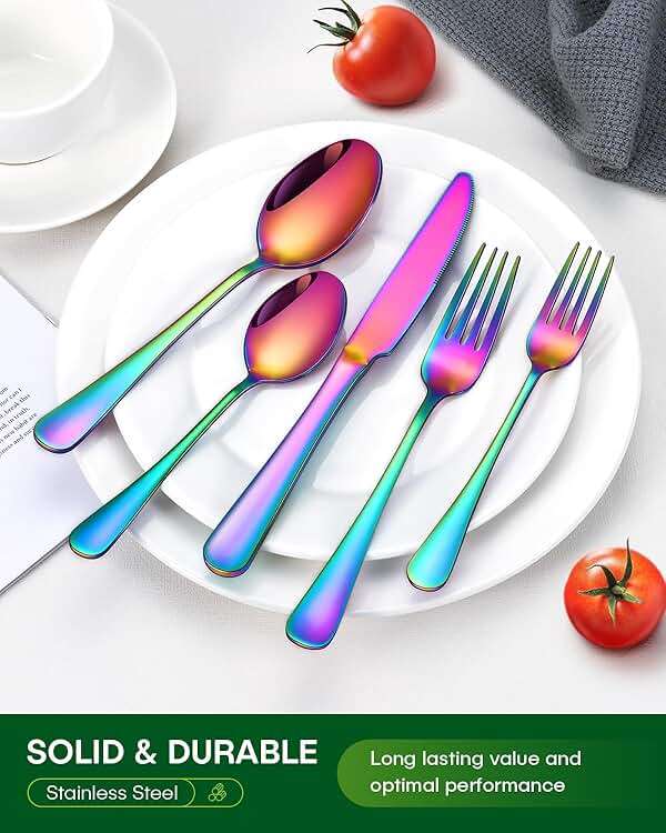 PHILIPALA 20 Piece Rainbow Silverware Set, Stainless Steel Flatware Set for 4 Colorful Cutlery Utensil Set Include Knife Fork Spoon Food Grade Mirror Polished Dishwasher Safe - Image 7