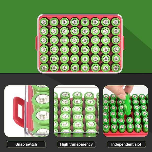 ALCYON Battery Organizer Storage Case, Battery Vault Box Container for 48pcs AA Batteries, Plastic Clear Protective Battery Holder for Travelling/Home/Office (Red, Large) - Image 2