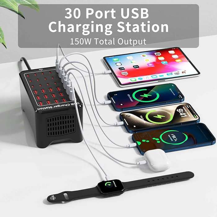 150W(30A) USB Charging Station, 30-Port USB C Charger Block, Multiple Desktop/Wall Fast Charger with Intelligent Protection Compatible with iPhone, iPad, Tablets, Smartphones - Image 2