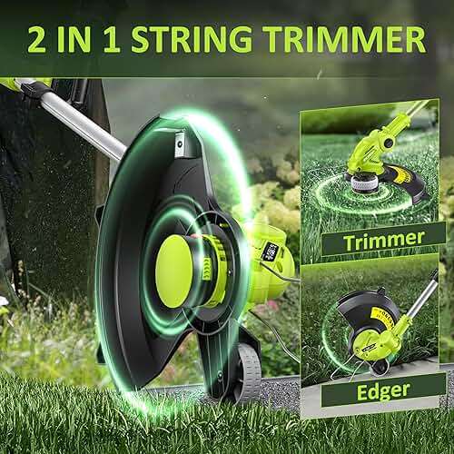 JAGROM Electric String Trimmer Cordless with 2x2.0Ah Battery, 20V Battery Powered 12-inch Lawn Mover & Edger Lawn Tool with Charger, Powered Grass Trimmer with 8pcs Spool Line for Yard, Garden, Green - Image 2
