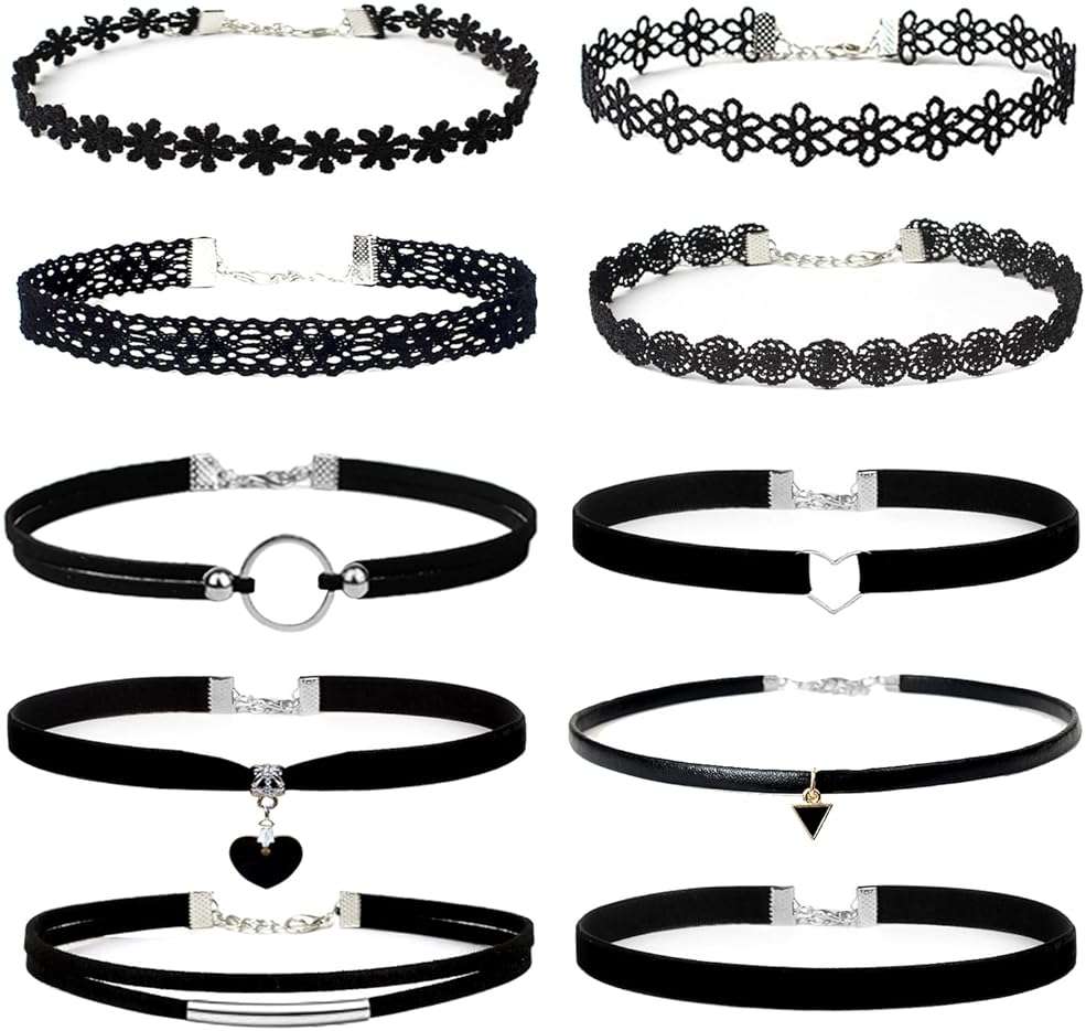 YOKER 10 Pcs Black Necklaces for Women Adjustable Layered Velvet Choker Set Classic Gothic Tattoo Lace Chokers - Image 1