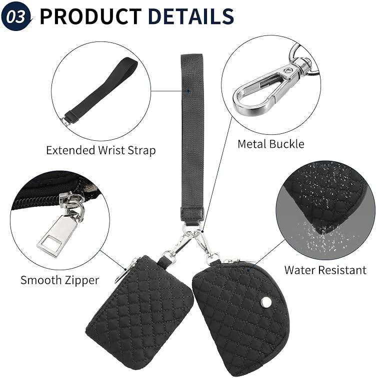 SUIKIHUM Dual Pouch Wristlet Wallets For Women, Coin Purse Zip Around Wristlet Pouch, Portable Zipper Wristlet Quilted Nylon for Daily Travel Walking, Black - Image 5