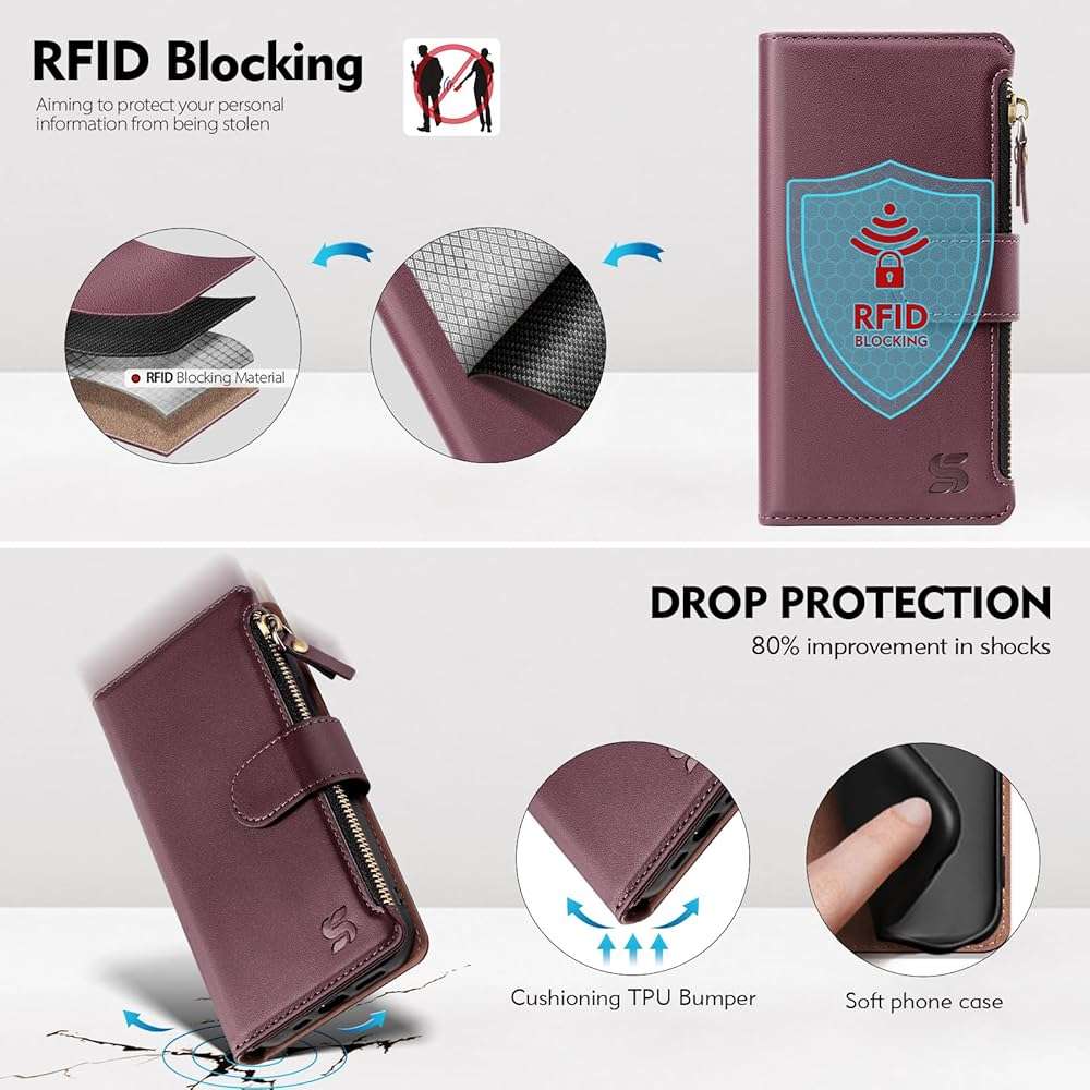 Shieldtop Compatible with iPhone 17e / 16e Wallet Case with Card Holder,Women Men RFID Blocking PU Leather Flip Cover Wrist Strap Zipper Credit Card Slots,Phone Case for Apple 17e / 16e,Wine Red - Image 4