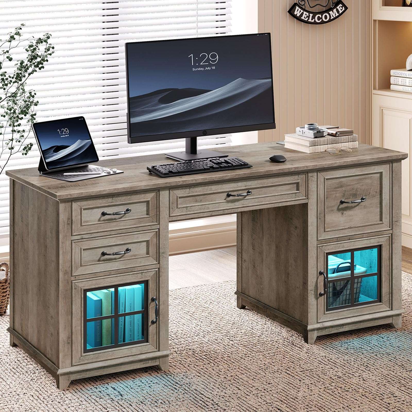 RALGEND 58" Farmhouse Executive Desk, Farmhouse Computer Desk with Drawers & File Cabinet, Wooden Home Office Desk with Power Outlet & LED Light, Workspace for Study Writing, Greige - Image 1