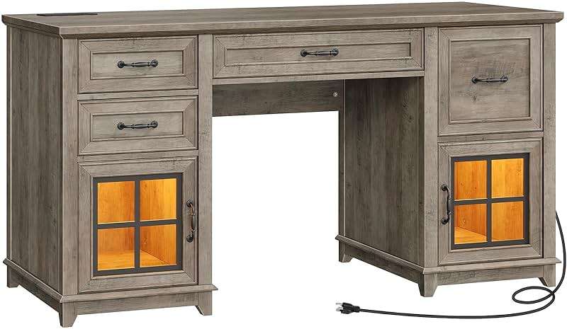 RALGEND 58" Farmhouse Executive Desk, Farmhouse Computer Desk with Drawers & File Cabinet, Wooden Home Office Desk with Power Outlet & LED Light, Workspace for Study Writing, Greige - Image 9