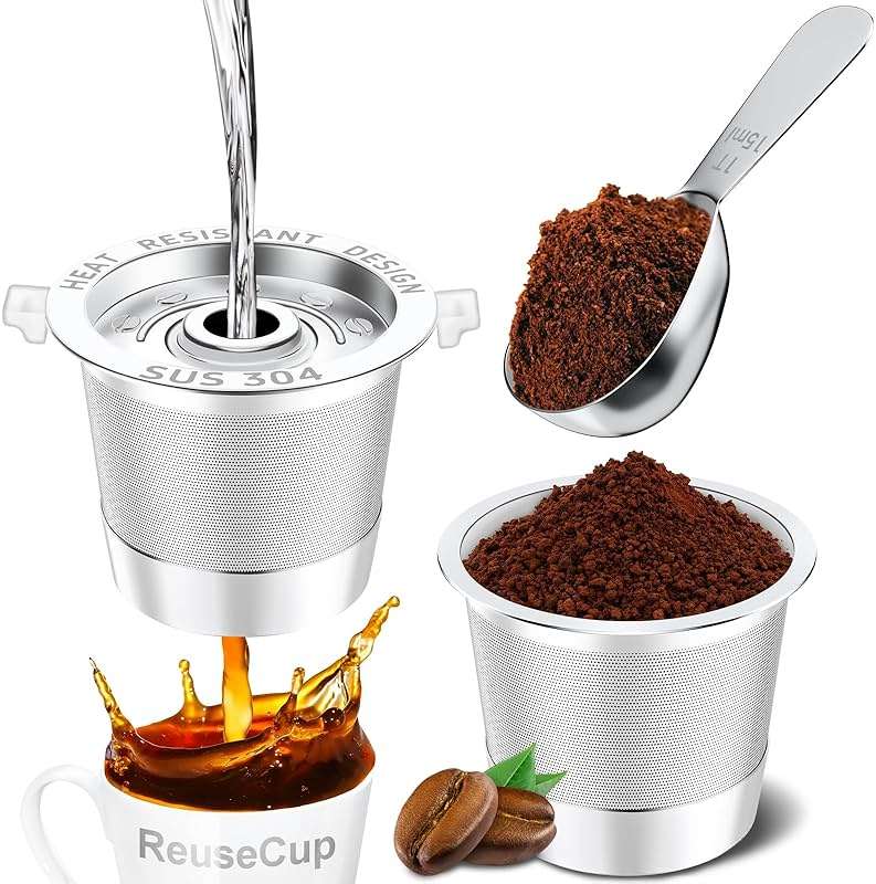 NESSUS 2 Pack Reusable K Cup for Keurig 1.0, Stainless Steel Reusable K Cups for Keurig 1 Prong Coffee Maker K Cup Reusable Coffee Pods with Heat Resistant Handles and Scoop, NO BPA - Image 1