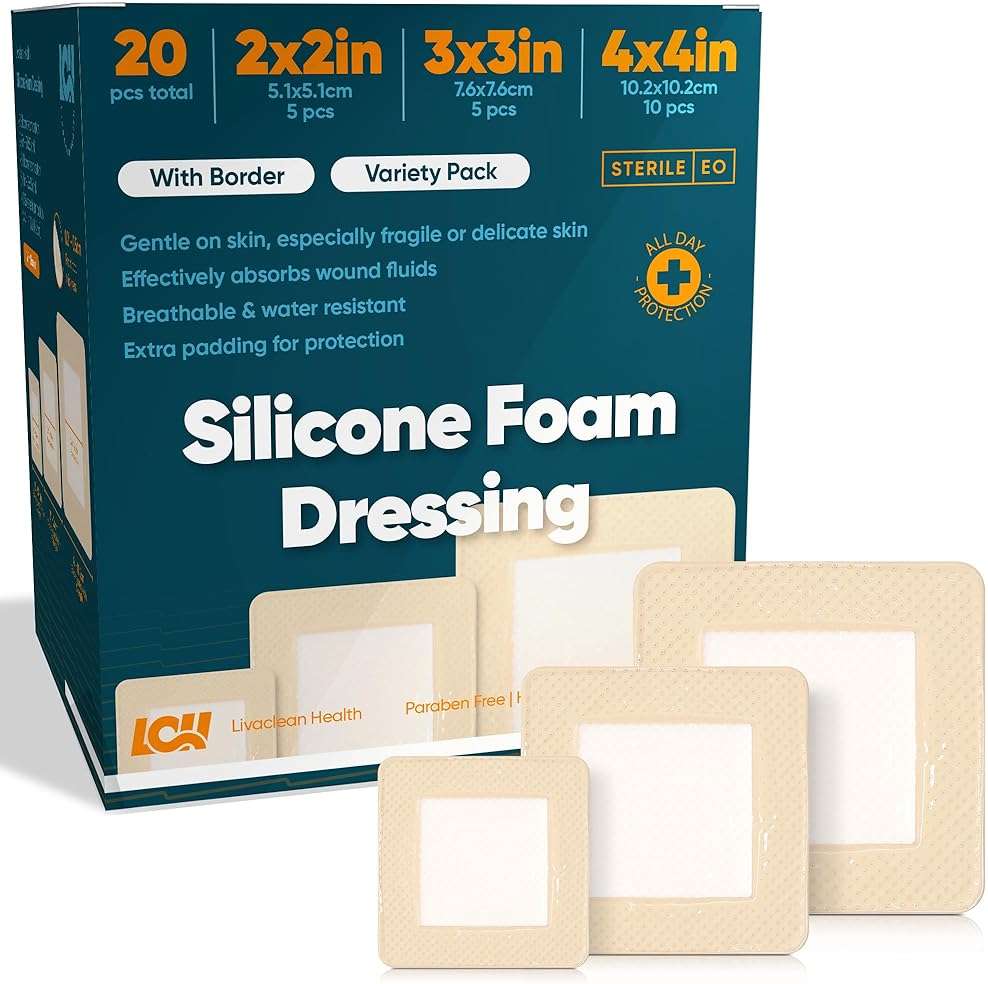 20 CT Silicone Foam Dressing 4x4, 3x3, 2x2 - Sterile Silicone Bandages for Wounds - Adhesive Pressure Sore Bed SOR Bandages - Square Dressing for Wounds and Injury Care by Livaclean Health - Image 1