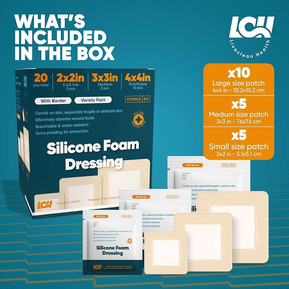 20 CT Silicone Foam Dressing 4x4, 3x3, 2x2 - Sterile Silicone Bandages for Wounds - Adhesive Pressure Sore Bed SOR Bandages - Square Dressing for Wounds and Injury Care by Livaclean Health - Image 2