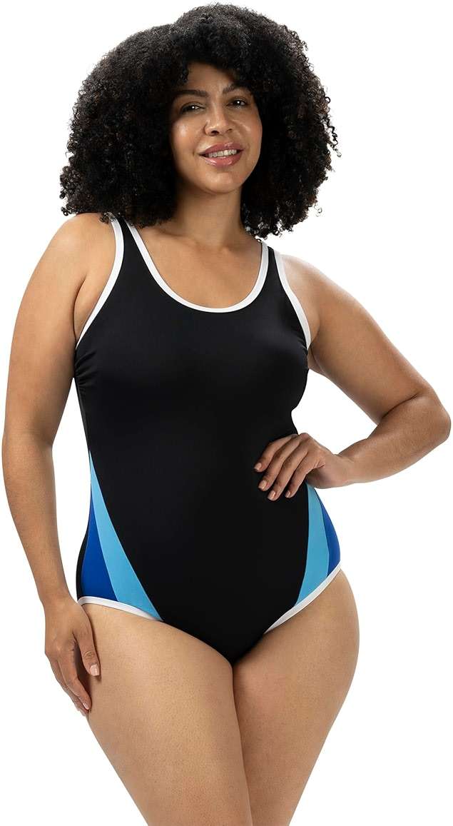 Dolfin Aquashape Women's One Piece Swimsuit - Color Block Moderat Cut Athletic Scoop Back Lap Suit (Black/Blue, 12) - Image 1