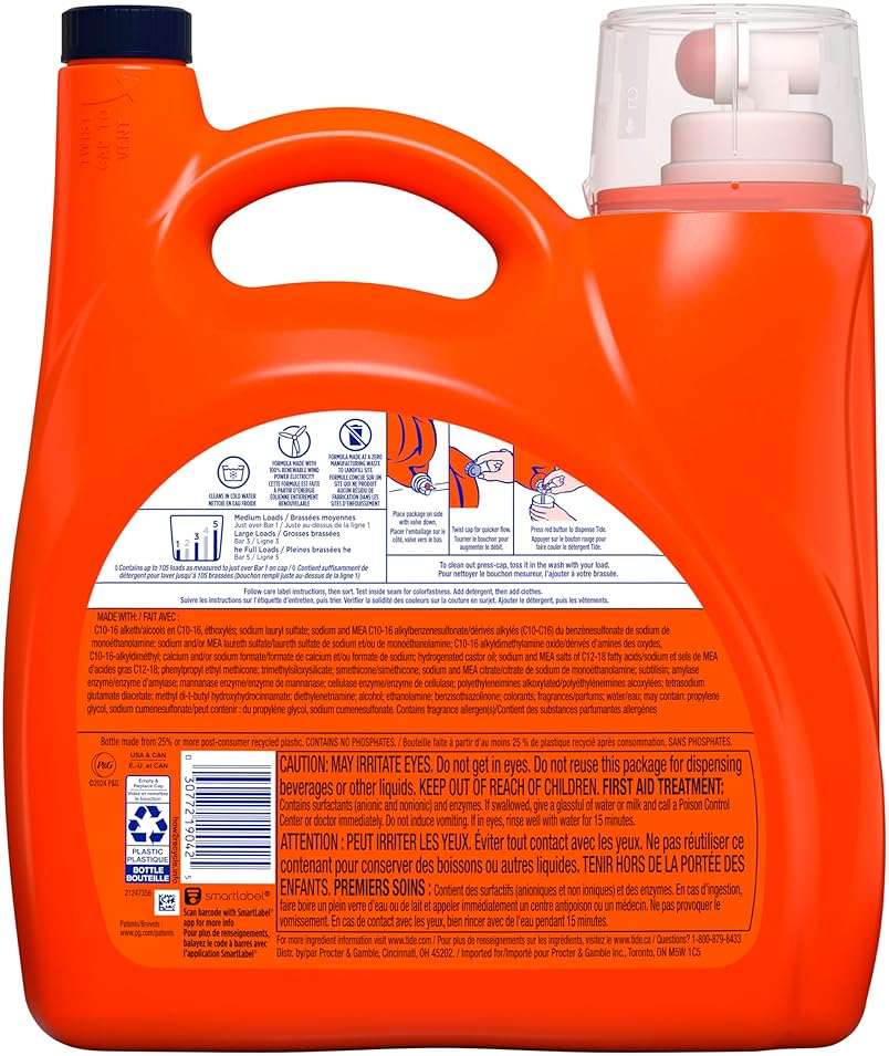 Tide Ultra Odor Defense Plus Oxi Liquid Laundry Detergent, 148 fl oz, 105 Loads, Advanced Odor and Stain Fighting Laundry Detergent Liquid - Image 12