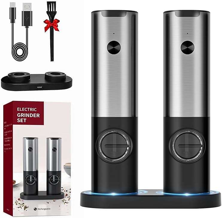 Electric Salt & Pepper Grinder Set - USB-C Rechargeable with LED Light & Charging Dock, 5 Adjustable Coarseness Settings, One-Touch Automatic Mills for Kitchen, Dining, and Gifts - Image 1