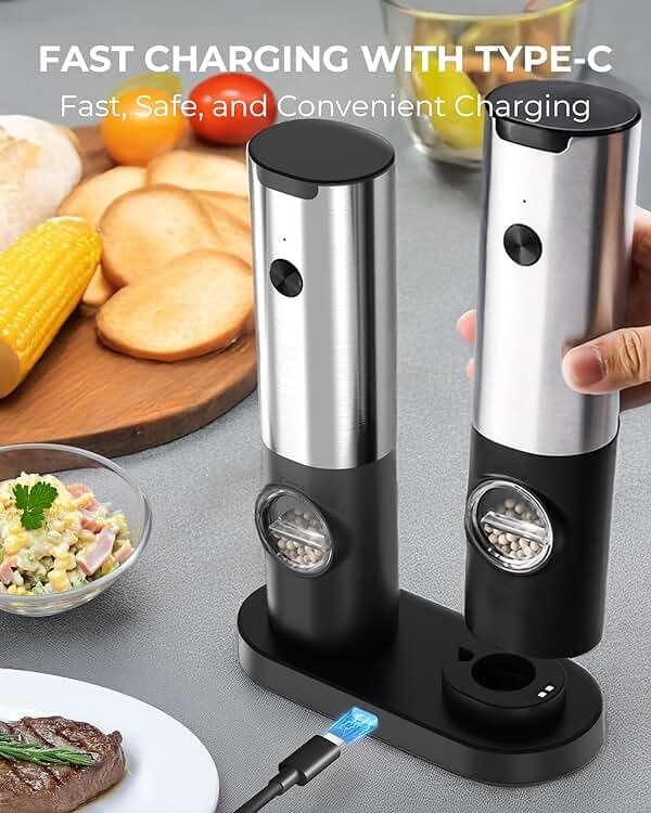 Electric Salt & Pepper Grinder Set - USB-C Rechargeable with LED Light & Charging Dock, 5 Adjustable Coarseness Settings, One-Touch Automatic Mills for Kitchen, Dining, and Gifts - Image 3