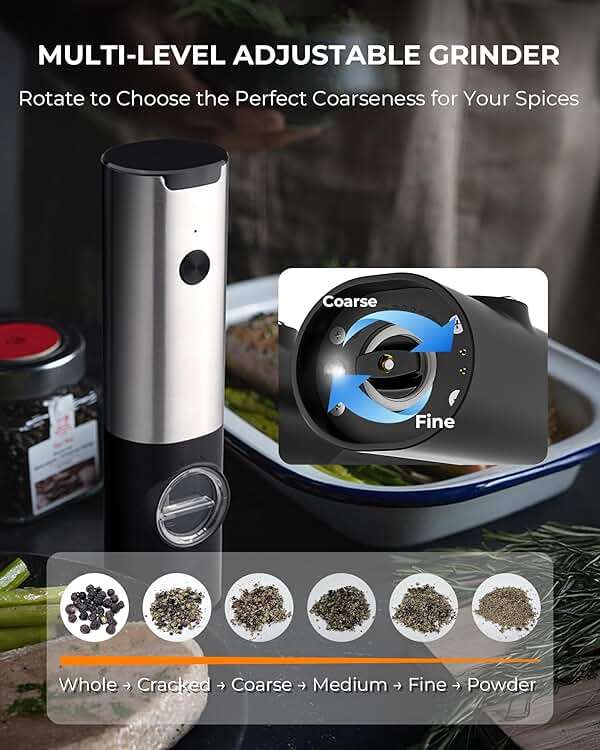 Electric Salt & Pepper Grinder Set - USB-C Rechargeable with LED Light & Charging Dock, 5 Adjustable Coarseness Settings, One-Touch Automatic Mills for Kitchen, Dining, and Gifts - Image 4