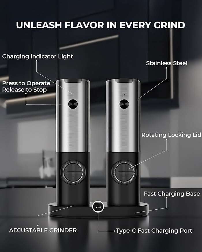 Electric Salt & Pepper Grinder Set - USB-C Rechargeable with LED Light & Charging Dock, 5 Adjustable Coarseness Settings, One-Touch Automatic Mills for Kitchen, Dining, and Gifts - Image 6