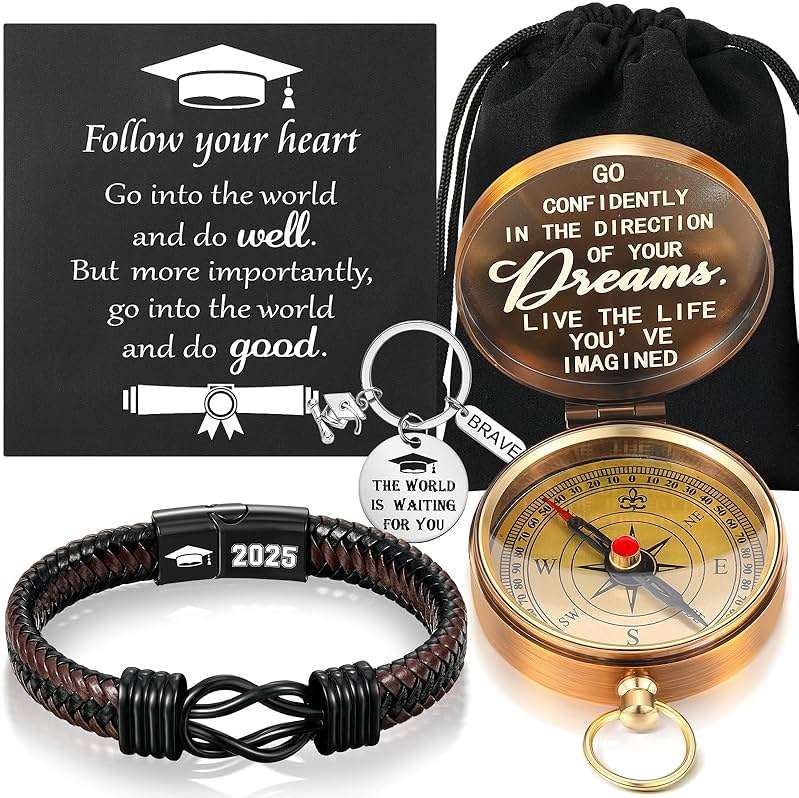 Quelay 5 Pcs Compass Graduation Gift Class of 2026 Engraved Compass Keychain Leather Stainless Steel Knot Bracelet Inspirational Card and Drawstring Bag High School College Graduation Gifts for Him - Image 1