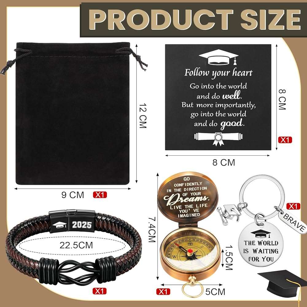 Quelay 5 Pcs Compass Graduation Gift Class of 2026 Engraved Compass Keychain Leather Stainless Steel Knot Bracelet Inspirational Card and Drawstring Bag High School College Graduation Gifts for Him - Image 2