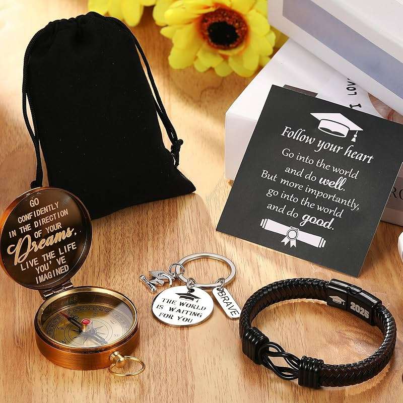 Quelay 5 Pcs Compass Graduation Gift Class of 2026 Engraved Compass Keychain Leather Stainless Steel Knot Bracelet Inspirational Card and Drawstring Bag High School College Graduation Gifts for Him - Image 4