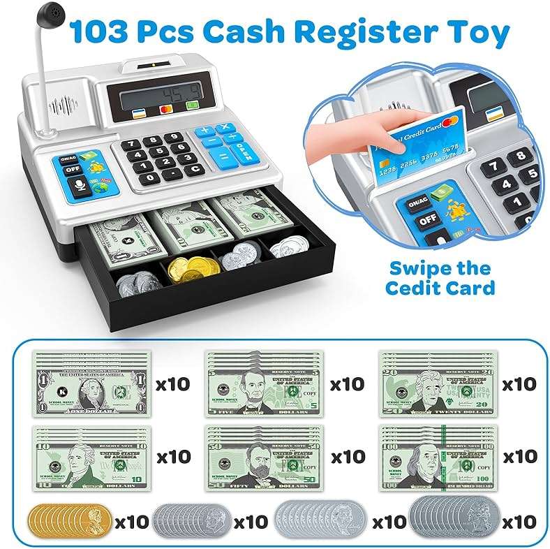 Calculator Cash Register - 103 Pcs Toy Cash Register, Store Set with Microphone, Credit Card and Banking for Kids, Toddler Math Learning Toys, Preschool Gifts for 3, 4, 5, 6, 7, 8+ Years Old Boy Girl - Image 3