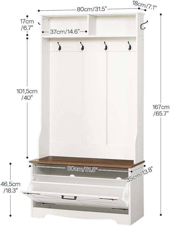 HOOBRO Hall Tree with Bench, Entryway Bench with Coat Rack and Shoe Cabinet, Flip Drawers, Farmhouse Hall Tree with Shoe Organizer, Mud Room, White and Walnut WH85MT01 - Image 2
