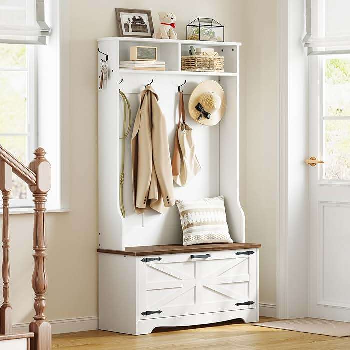 HOOBRO Hall Tree with Bench, Entryway Bench with Coat Rack and Shoe Cabinet, Flip Drawers, Farmhouse Hall Tree with Shoe Organizer, Mud Room, White and Walnut WH85MT01 - Image 3