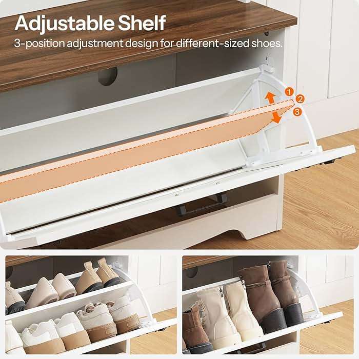 HOOBRO Hall Tree with Bench, Entryway Bench with Coat Rack and Shoe Cabinet, Flip Drawers, Farmhouse Hall Tree with Shoe Organizer, Mud Room, White and Walnut WH85MT01 - Image 4