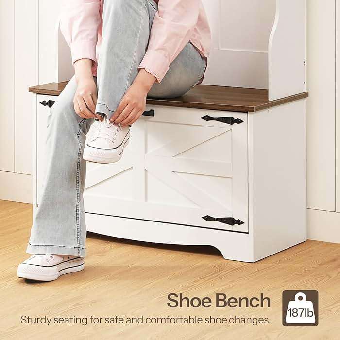 HOOBRO Hall Tree with Bench, Entryway Bench with Coat Rack and Shoe Cabinet, Flip Drawers, Farmhouse Hall Tree with Shoe Organizer, Mud Room, White and Walnut WH85MT01 - Image 5