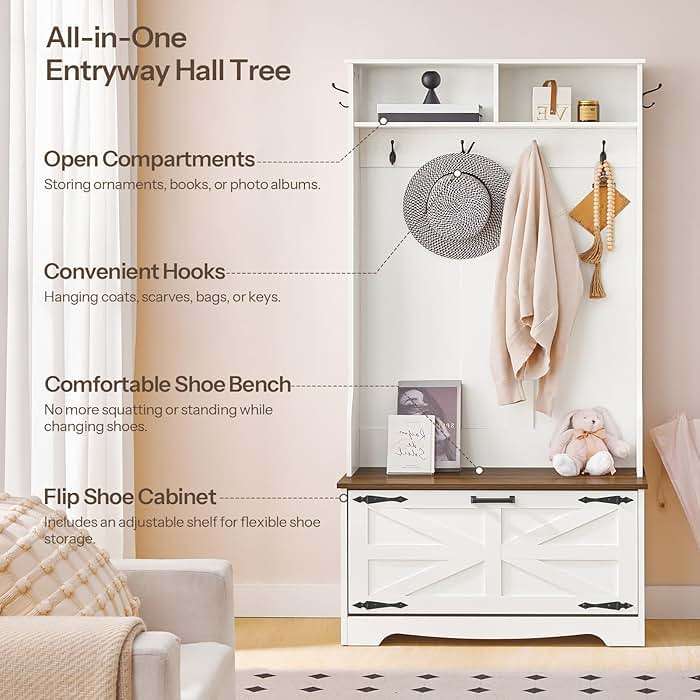 HOOBRO Hall Tree with Bench, Entryway Bench with Coat Rack and Shoe Cabinet, Flip Drawers, Farmhouse Hall Tree with Shoe Organizer, Mud Room, White and Walnut WH85MT01 - Image 8